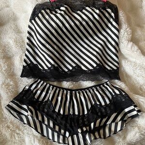 Victoria's Secret Black and White Striped Lace Pajama Set